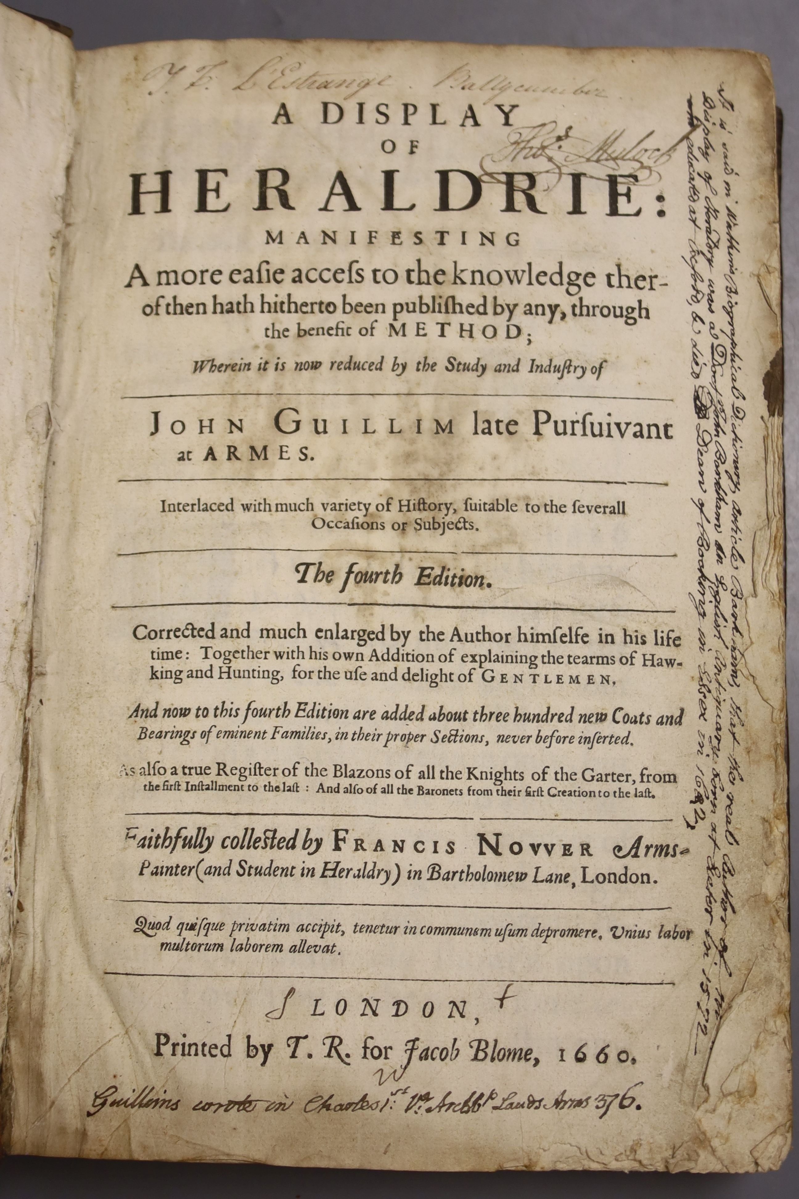 Guillim, John - A Display of Heraldry, 4th edition, full calf, leaves with ragged edges, T.R. for John Blome, London 1660